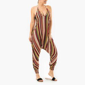 Stripe Harem Jumpsuit Halter Neck Tapered Leg Yoga Travel Boho Red Stripes